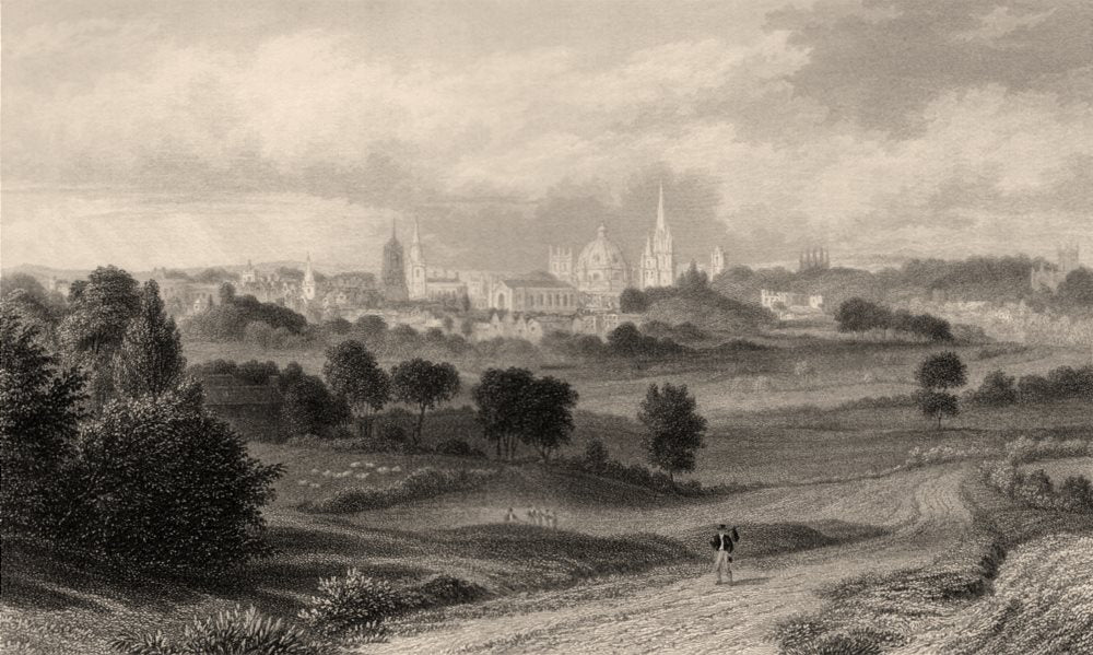View of Oxford from the Abingdon Road, Oxford, by John Le Keux 1837 old print
